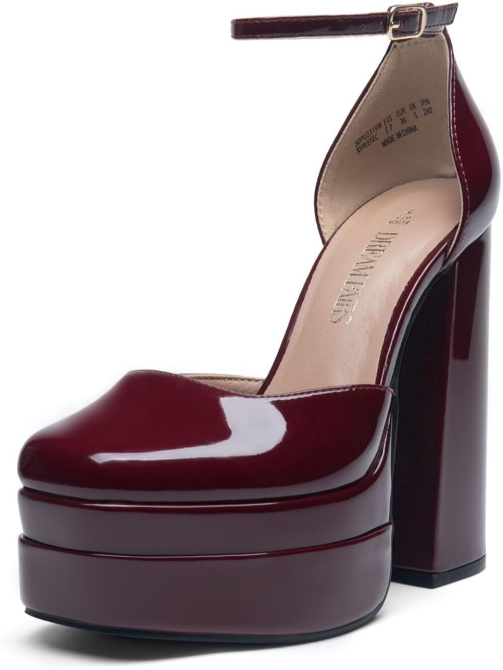 Dream Pairs Women's Burgundy Square Closed Toe Ankle Strap High Platform Heels
